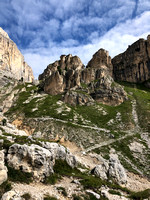 The last, steepest part of this section - the little speck is Rifugio Vajolet