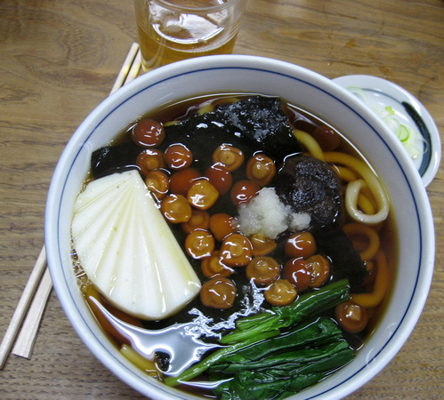 Kamakura: udon with mushrooms, spinach, and fish paste