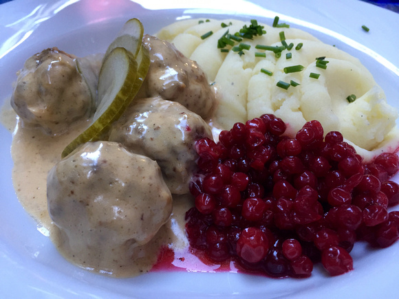 Obligatory meal of meatballs, potatoes, pickles, and lingonberries