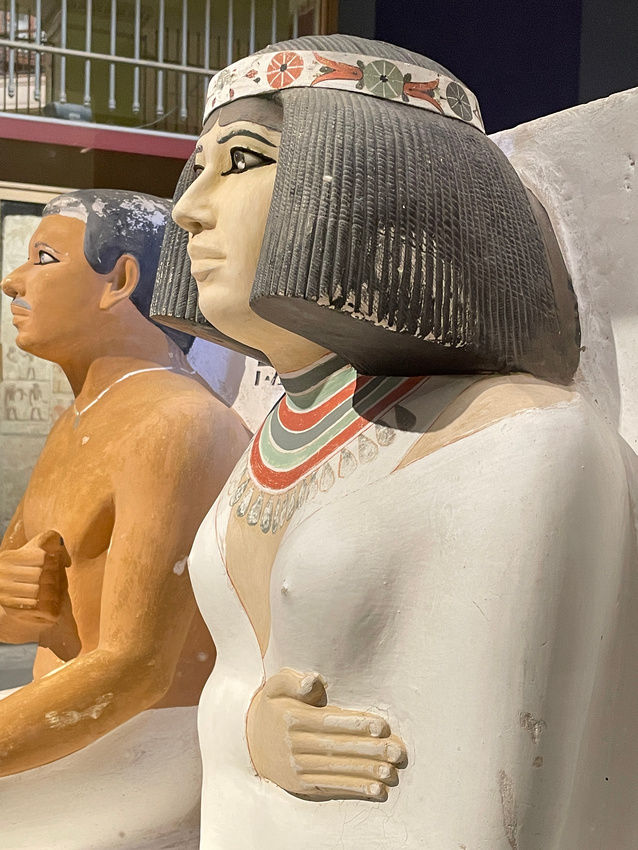Inside the Egyptian Museum: Limestone statues of Rahotep and Nofret. Also discovered in the Medium necropolis.