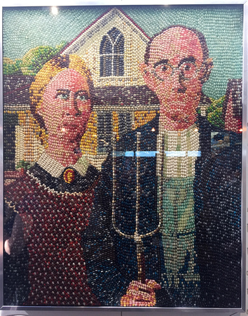 Couldn't forget this American Gothic replica, composed of jelly beans