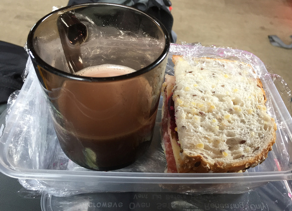Typical lunch: sandwich assembled at breakfast and carried in pack, hot drinks provided at the hut