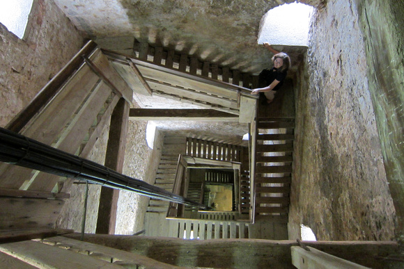In the stairwell of the belltower (some pretty precarious steps, if you ask me!)