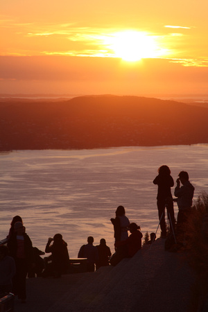People gathered on Mt. Floyen for sunset